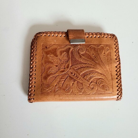 Tooled leather caramel brown color wallet with floral design. - Picture 2 of 6